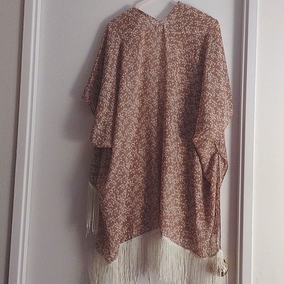 Tan Cardigan Style Poncho/Cover Up with White Fringe - Picture 3 of 7